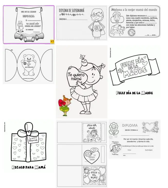 Tarjetas y Diplomas para colorear del día de las madres