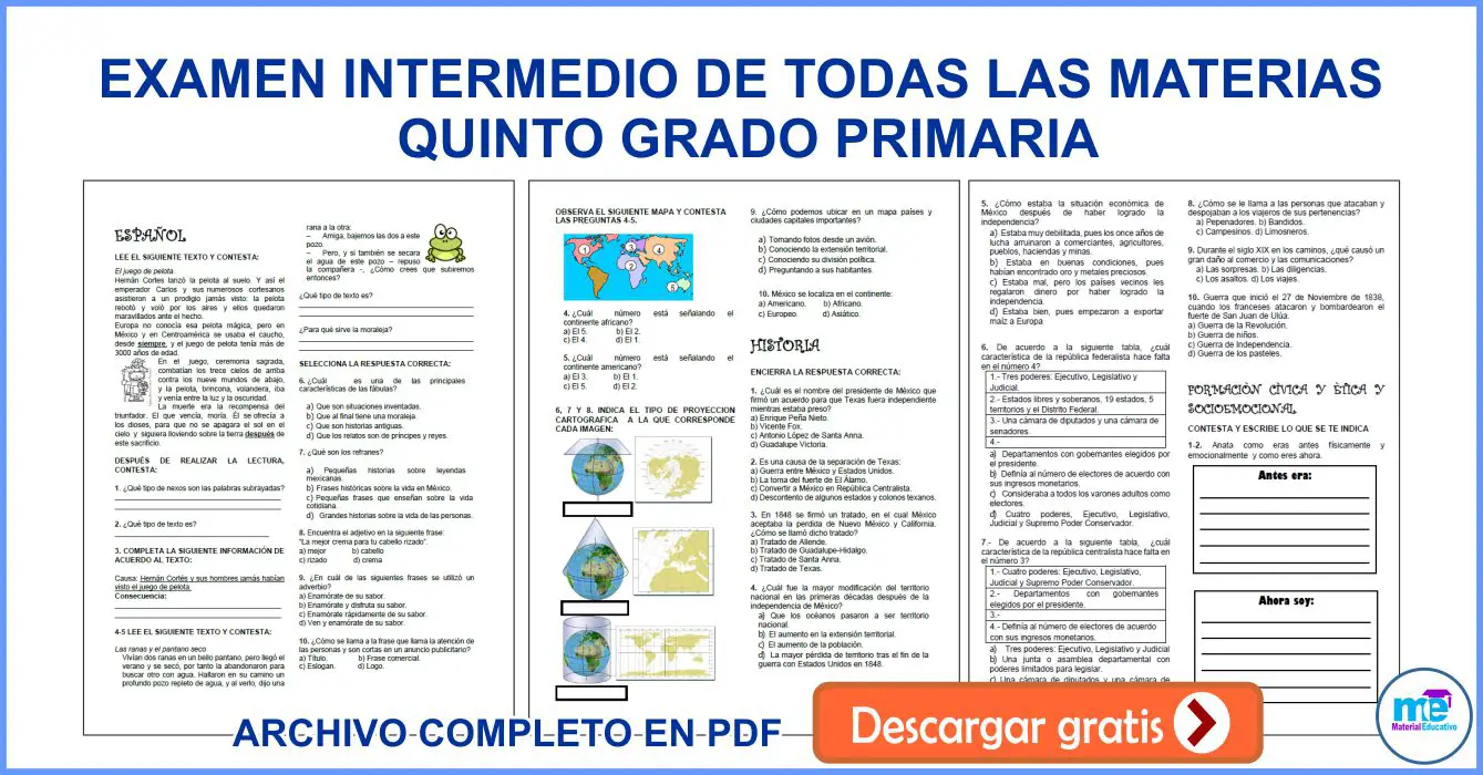EXAMEN INTERMEDIO DE TODAS LAS MATERIAS QUINTO GRADO PRIMARIA