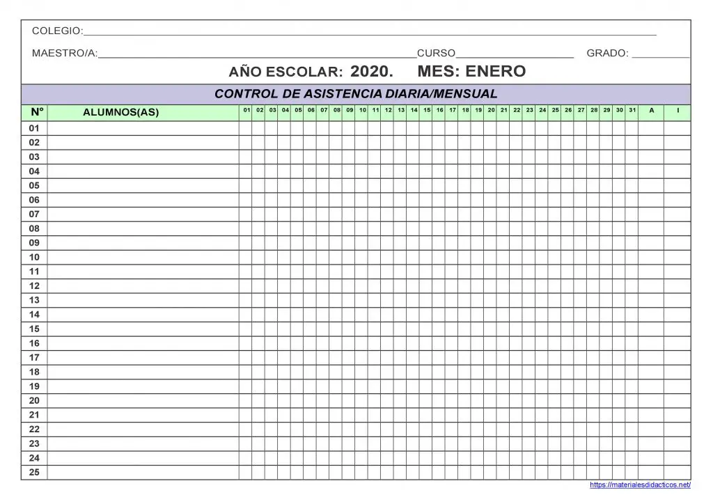 Control de asistencia diaria/mensual primaria I Material Educativo