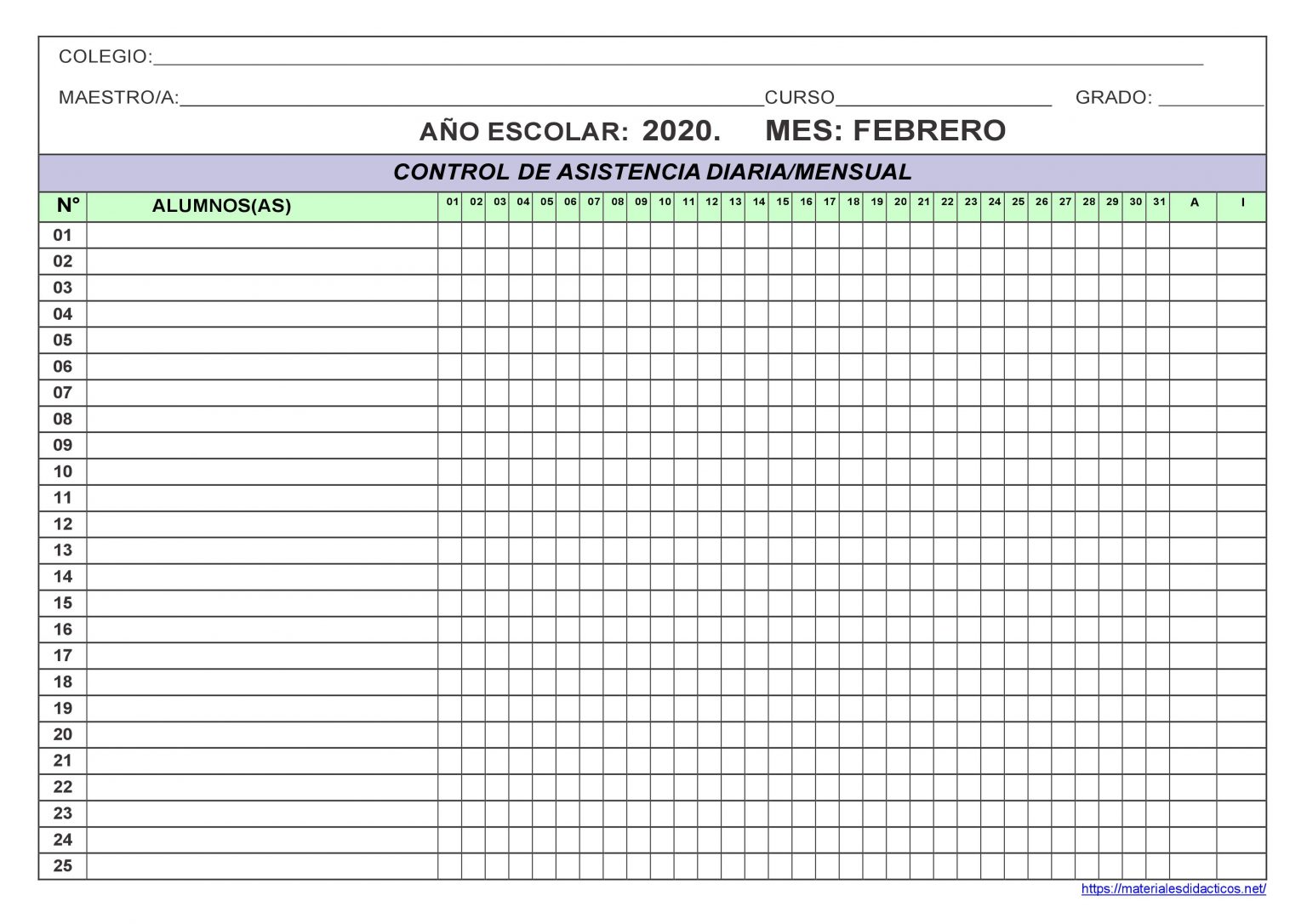 Control de asistencia diaria/mensual primaria I Material Educativo