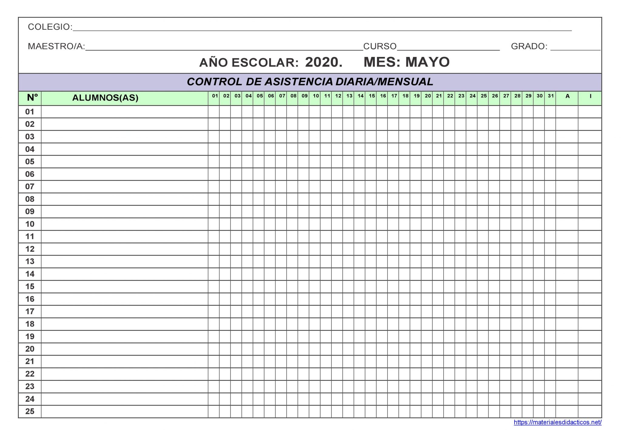 Control De Asistencia Diariamensual Primaria I Material Educativo 6642