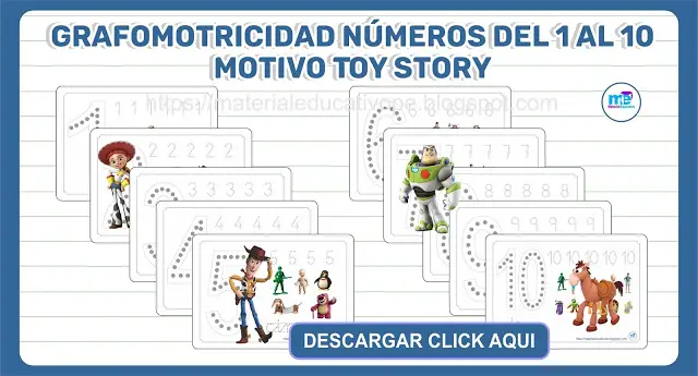 Grafomotricidad números del 1 al 10 motivo Toy Story