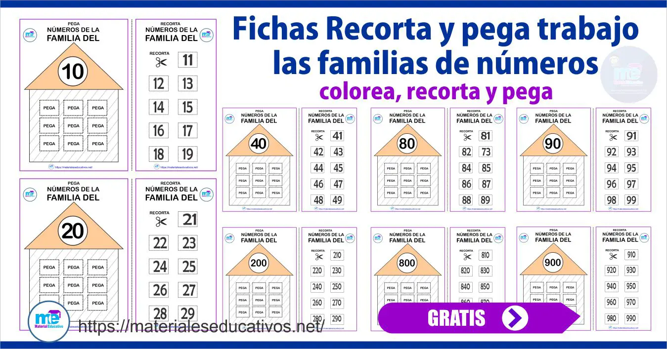 Fichas Recorta y pega trabajo las familias de números