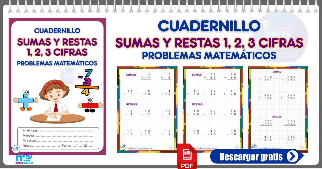 CUADERNILLO DE SUMAS Y RESTAS 1, 2, 3 CIFRAS PROBLEMAS MATEMÁTICOS