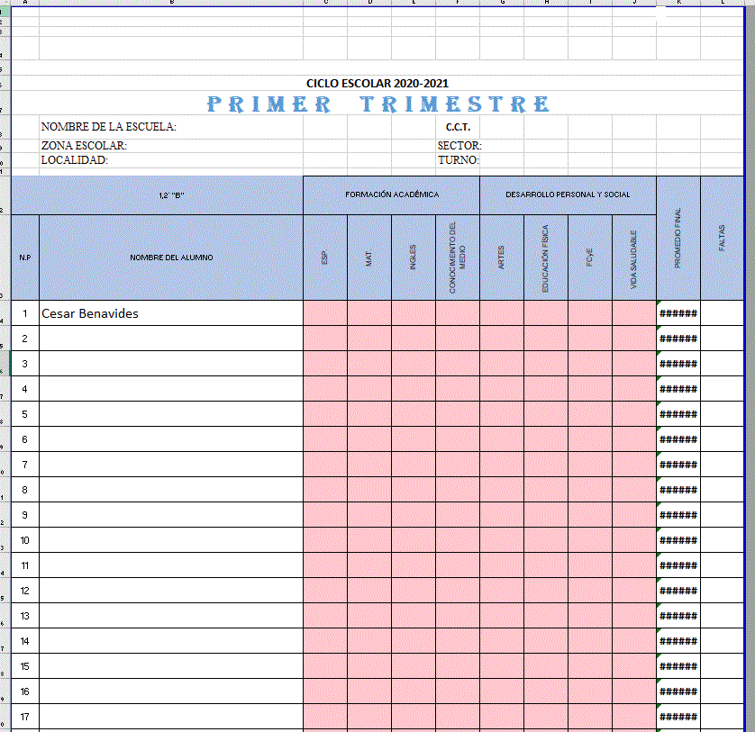 Formatos en Excel para calificaciones primer trimestre y boletas editables