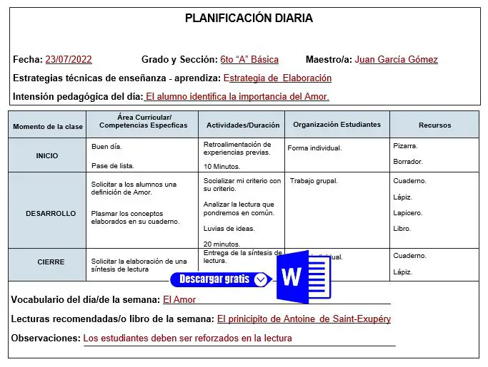 PLANIFICACION DIARIA DE CLASES
