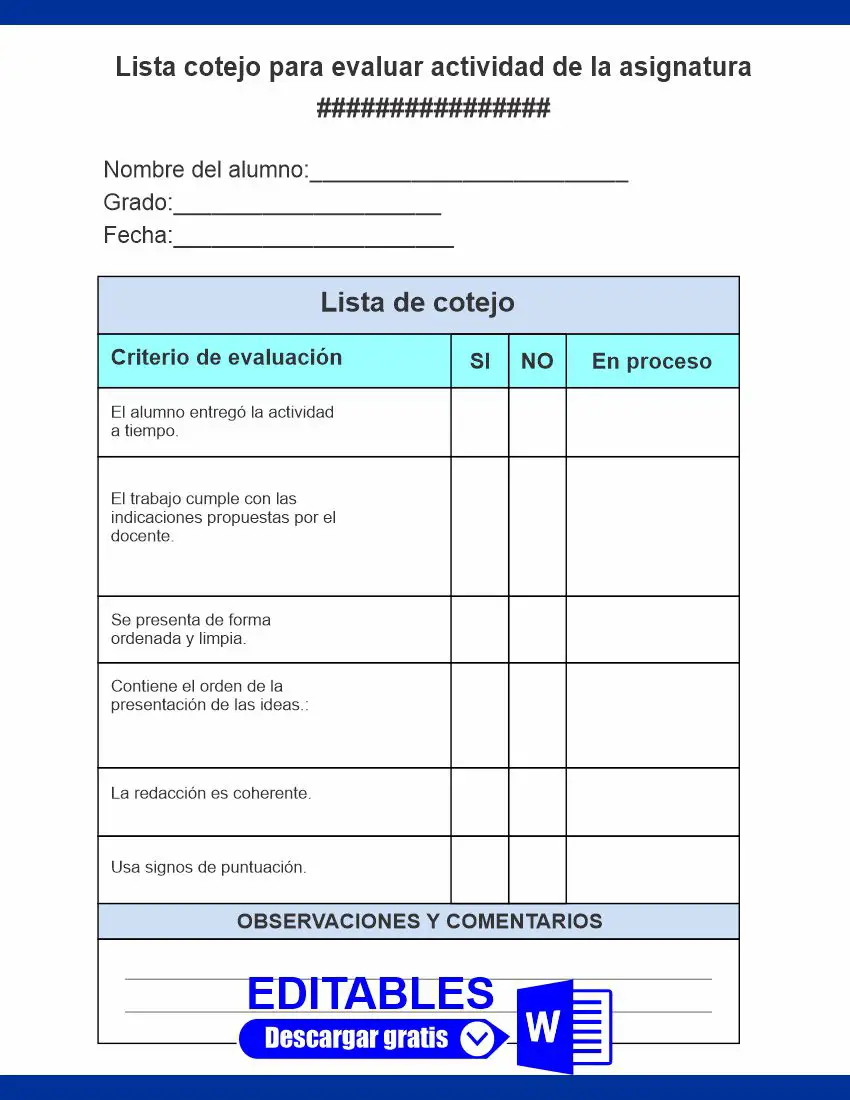 Lista de cotejo para evaluar actividad de la asignatura Español
