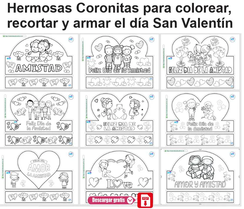 Coronitas para colorear, recortar y armar el día San Valentín